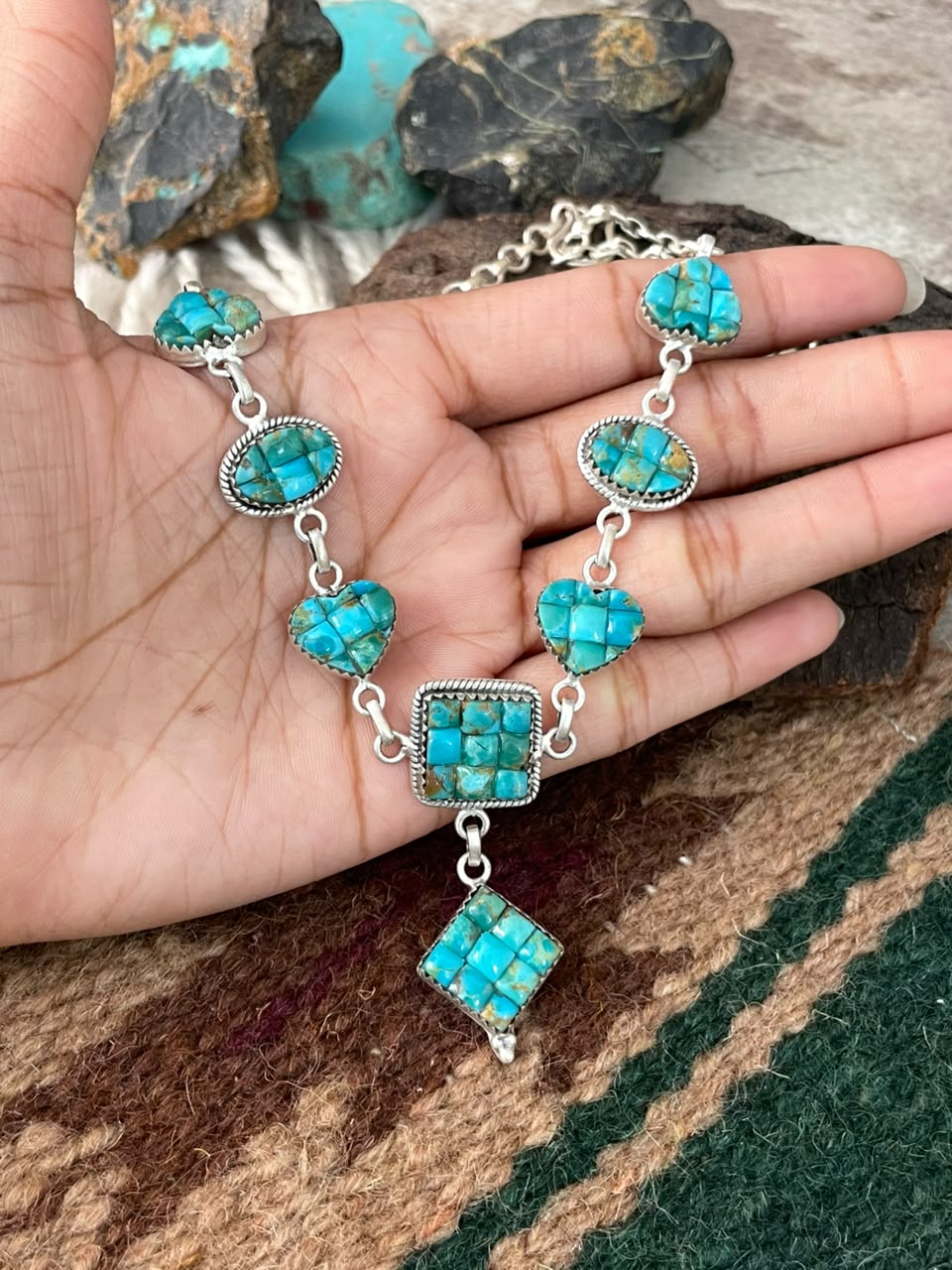 Handmade Sterling Silver Kingman Turquoise Cobble Stone Choker Necklace Signed Nizhoni