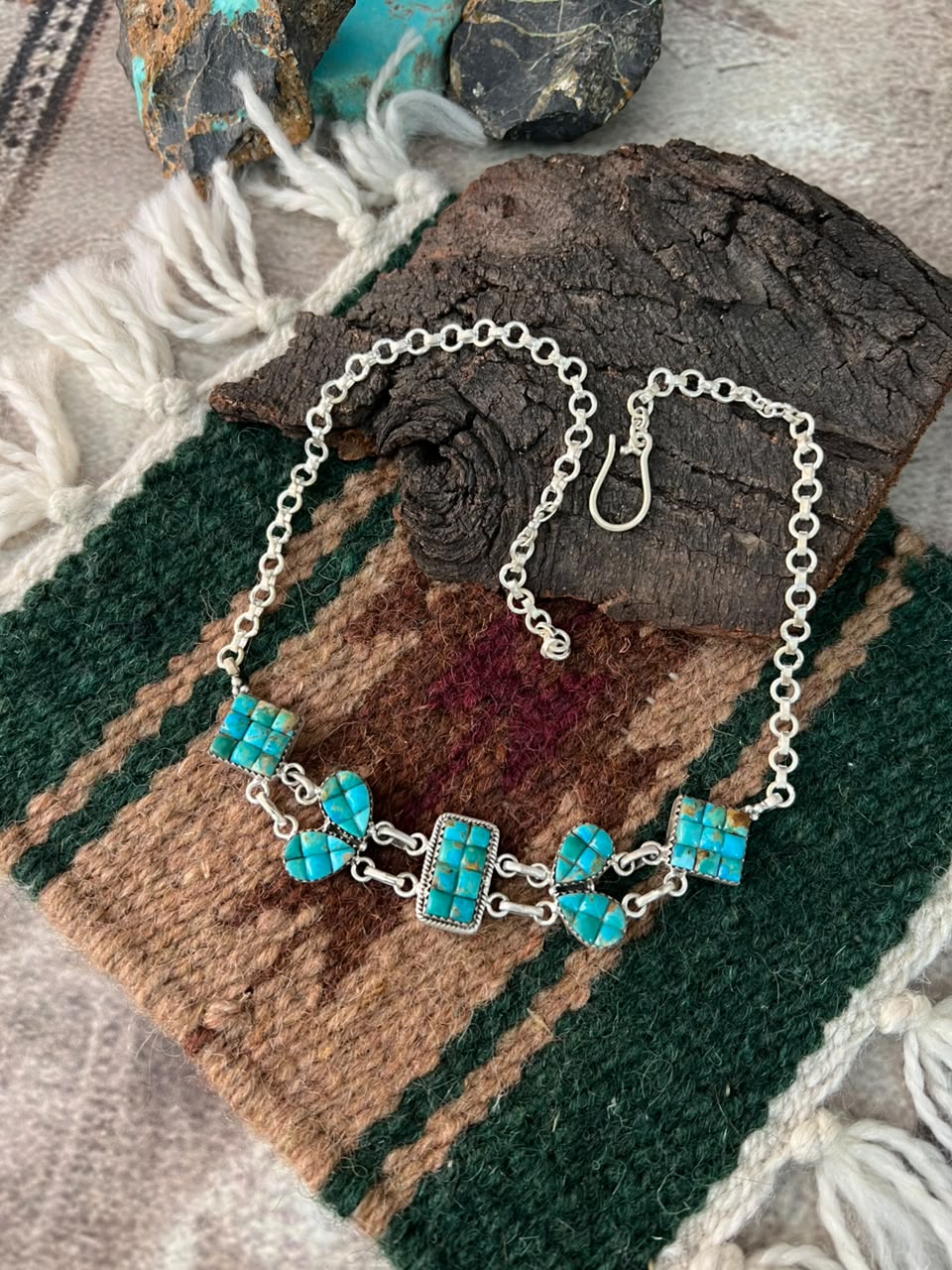 Handmade Sterling Silver Kingman Turquoise Cobble Stone Choker Necklace Signed Nizhoni