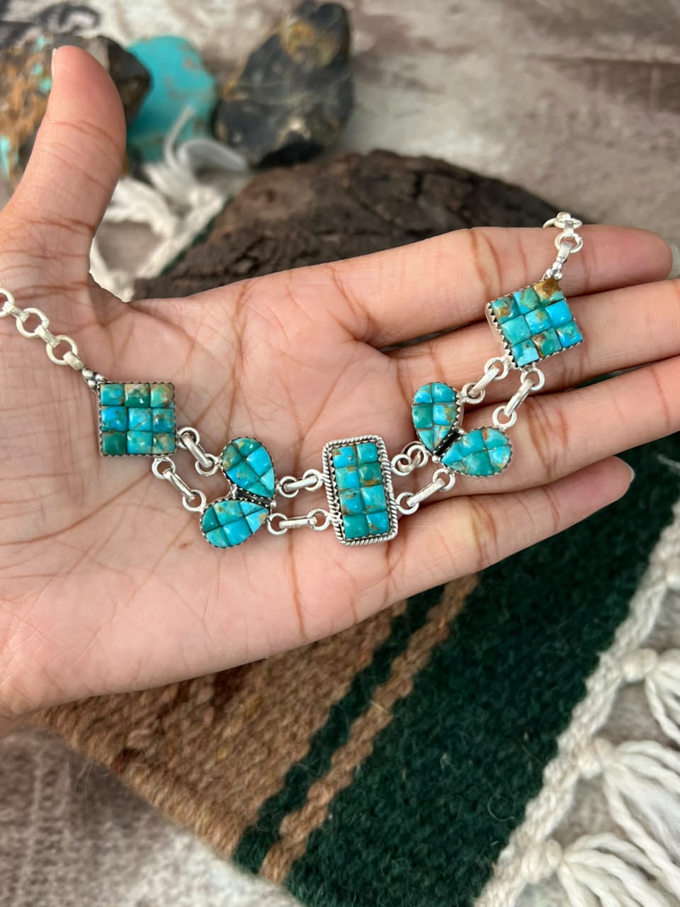 Handmade Sterling Silver Kingman Turquoise Cobble Stone Choker Necklace Signed Nizhoni