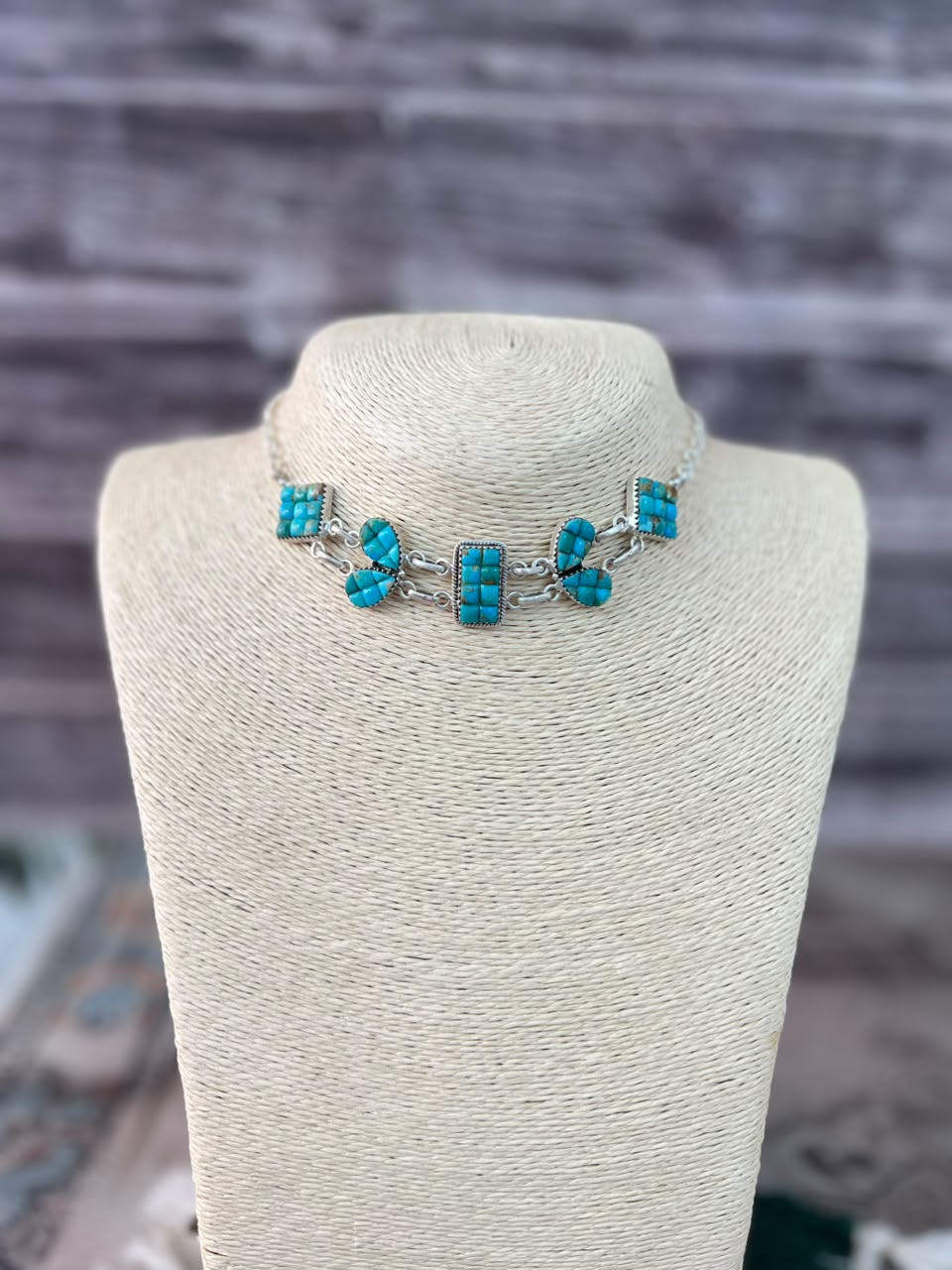 Handmade Sterling Silver Kingman Turquoise Cobble Stone Choker Necklace Signed Nizhoni