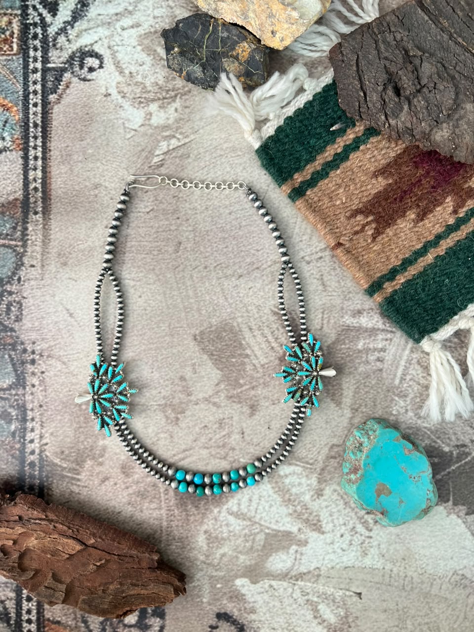 Handmade Sterling Silver Mojave with Kingman Turquoise Squash Blossom Beaded Necklace Signed Nizhoni