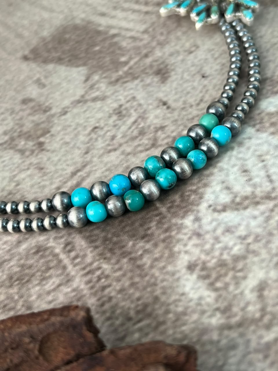 Handmade Sterling Silver Mojave with Kingman Turquoise Squash Blossom Beaded Necklace Signed Nizhoni