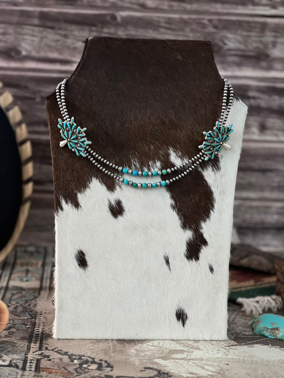 Handmade Sterling Silver Mojave with Kingman Turquoise Squash Blossom Beaded Necklace Signed Nizhoni