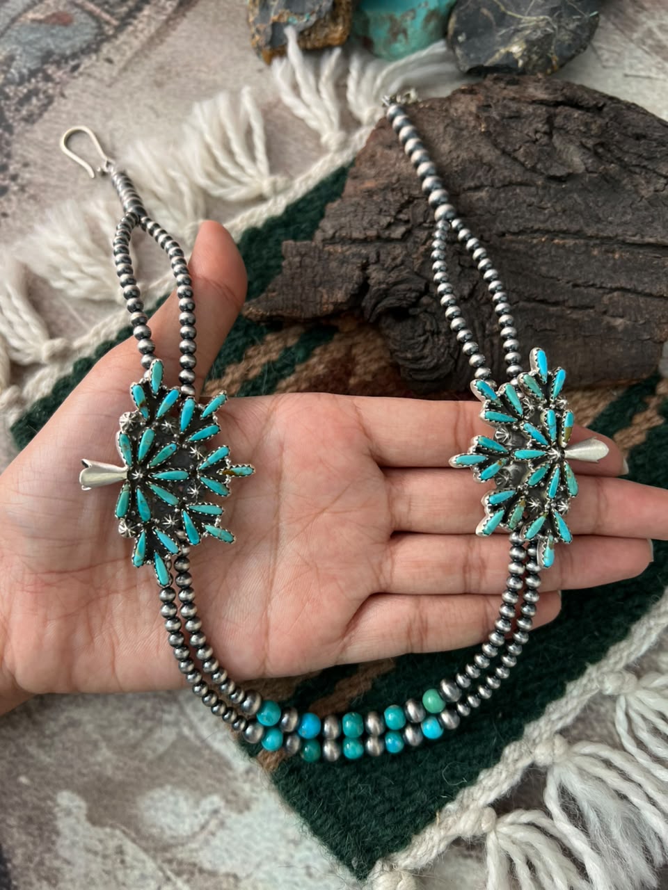 Handmade Sterling Silver Mojave with Kingman Turquoise Squash Blossom Beaded Necklace Signed Nizhoni