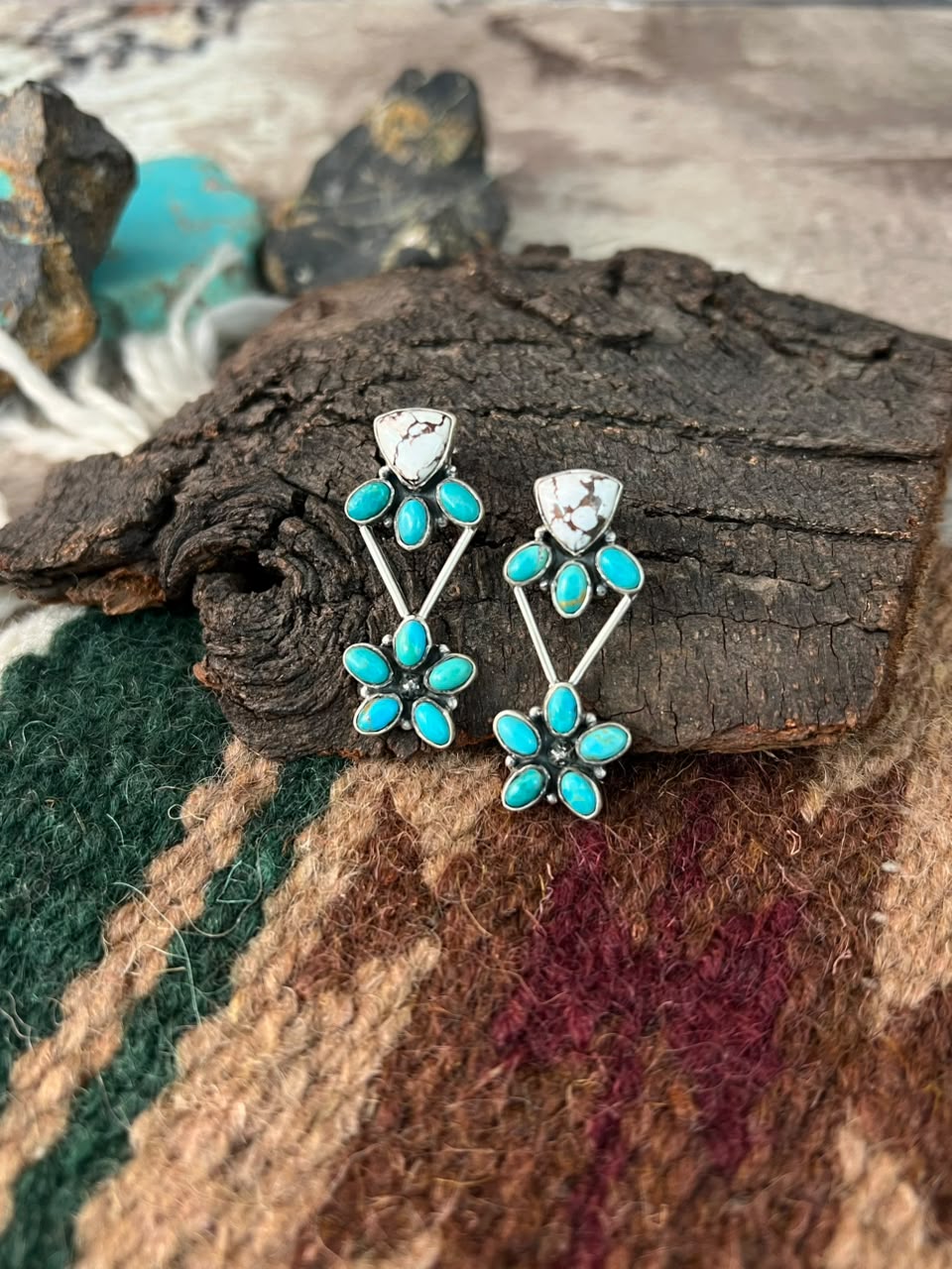 Handmade Sterling Silver Kingman Turquoise with Wildhorse Magnesite Post Earrings Signed Nizhoni