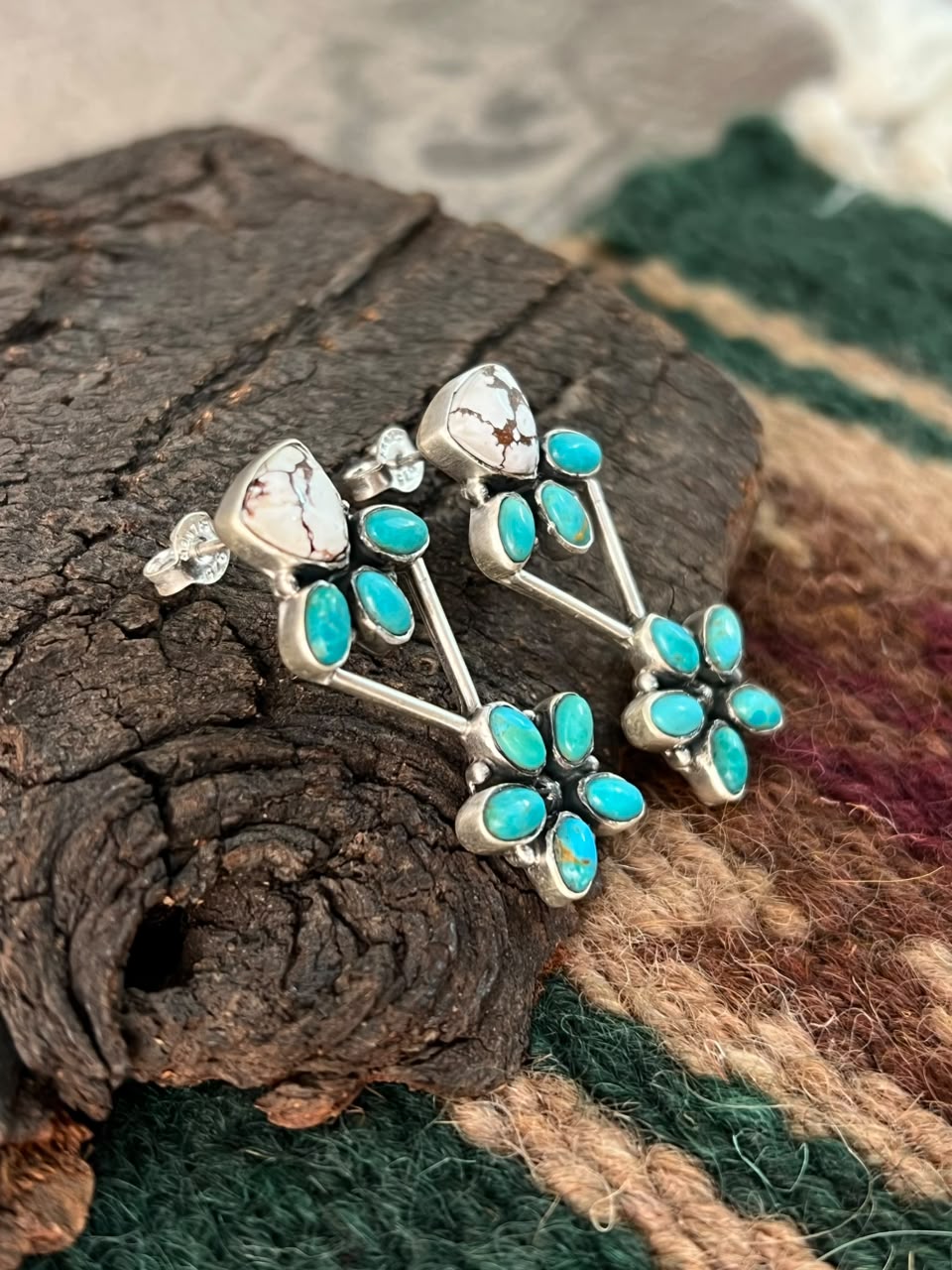 Handmade Sterling Silver Kingman Turquoise with Wildhorse Magnesite Post Earrings Signed Nizhoni