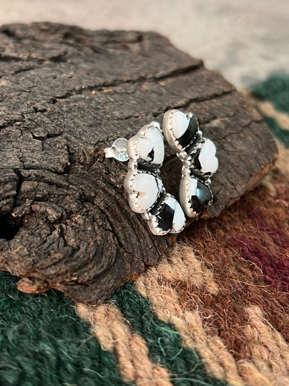 Handmade Sterling Silver White Buffalo Post Studs Earrings Signed Nizhoni