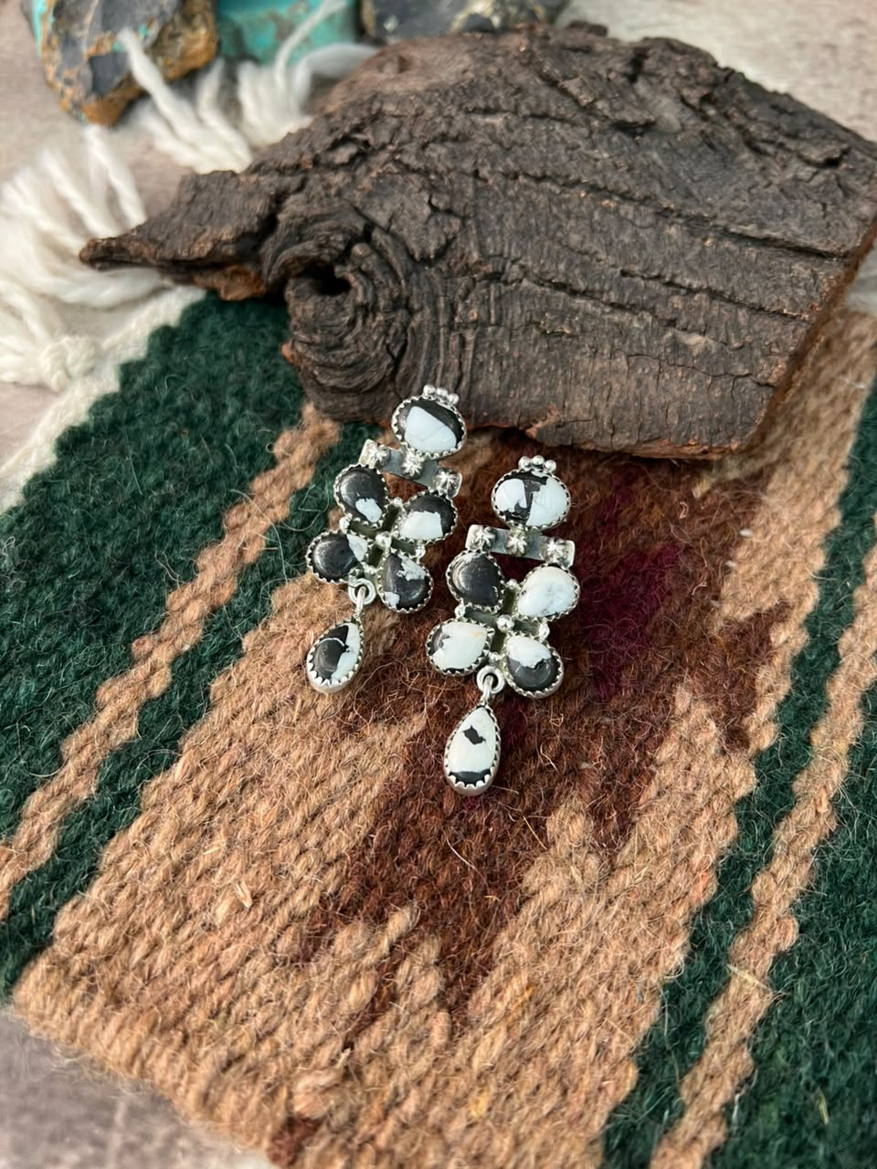 Handmade Sterling Silver White Buffalo Post Dangle Earrings Signed Nizhoni