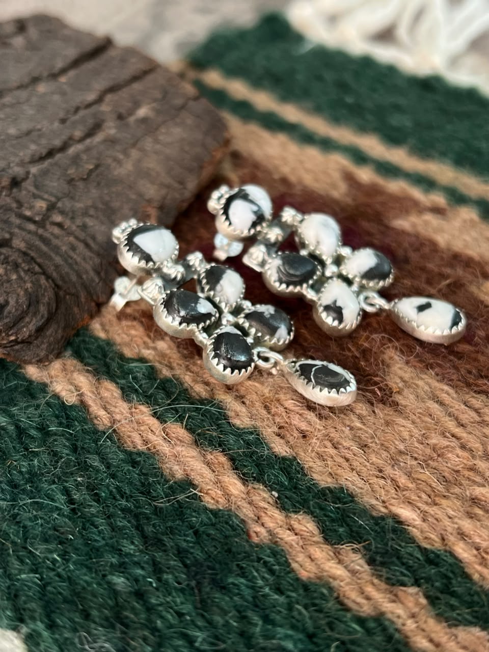 Handmade Sterling Silver White Buffalo Post Dangle Earrings Signed Nizhoni