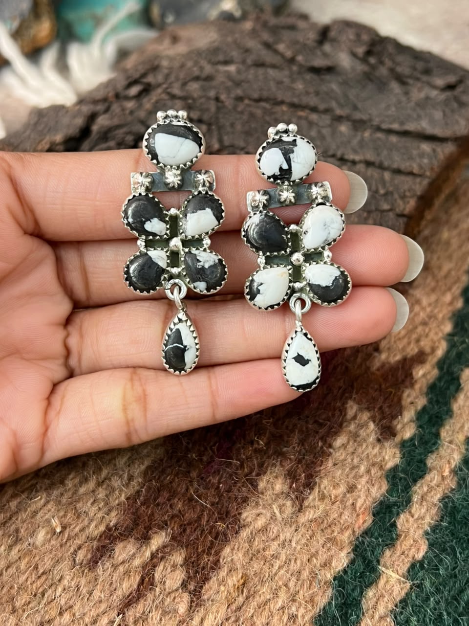 Handmade Sterling Silver White Buffalo Post Dangle Earrings Signed Nizhoni
