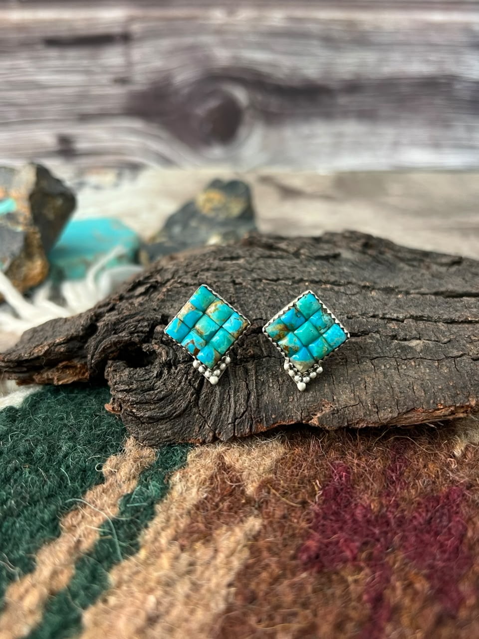 Handmade Sterling Silver Kingman Turquoise Cobble Stone Post Studs Earrings Signed Nizhoni