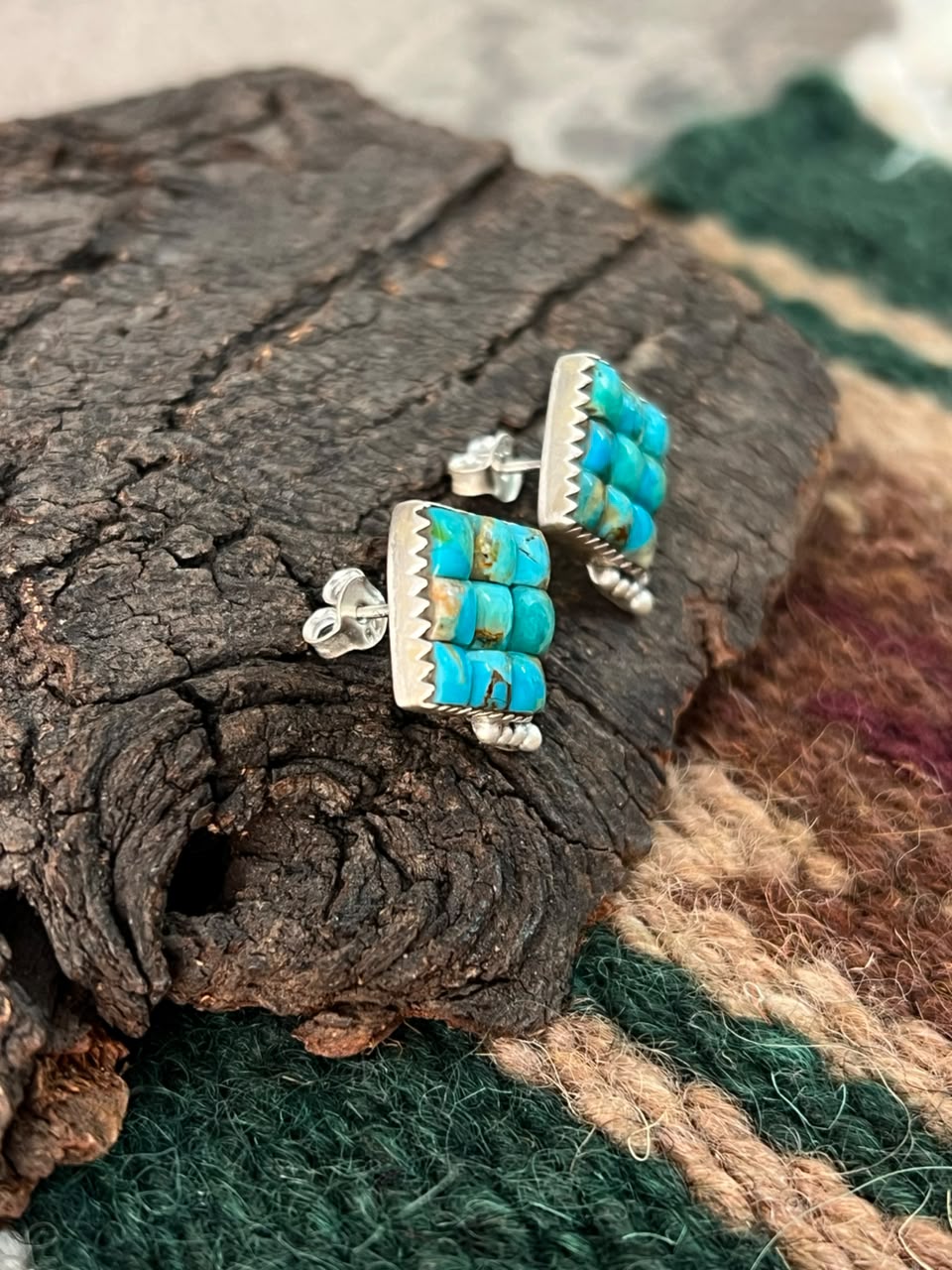 Handmade Sterling Silver Kingman Turquoise Cobble Stone Post Studs Earrings Signed Nizhoni
