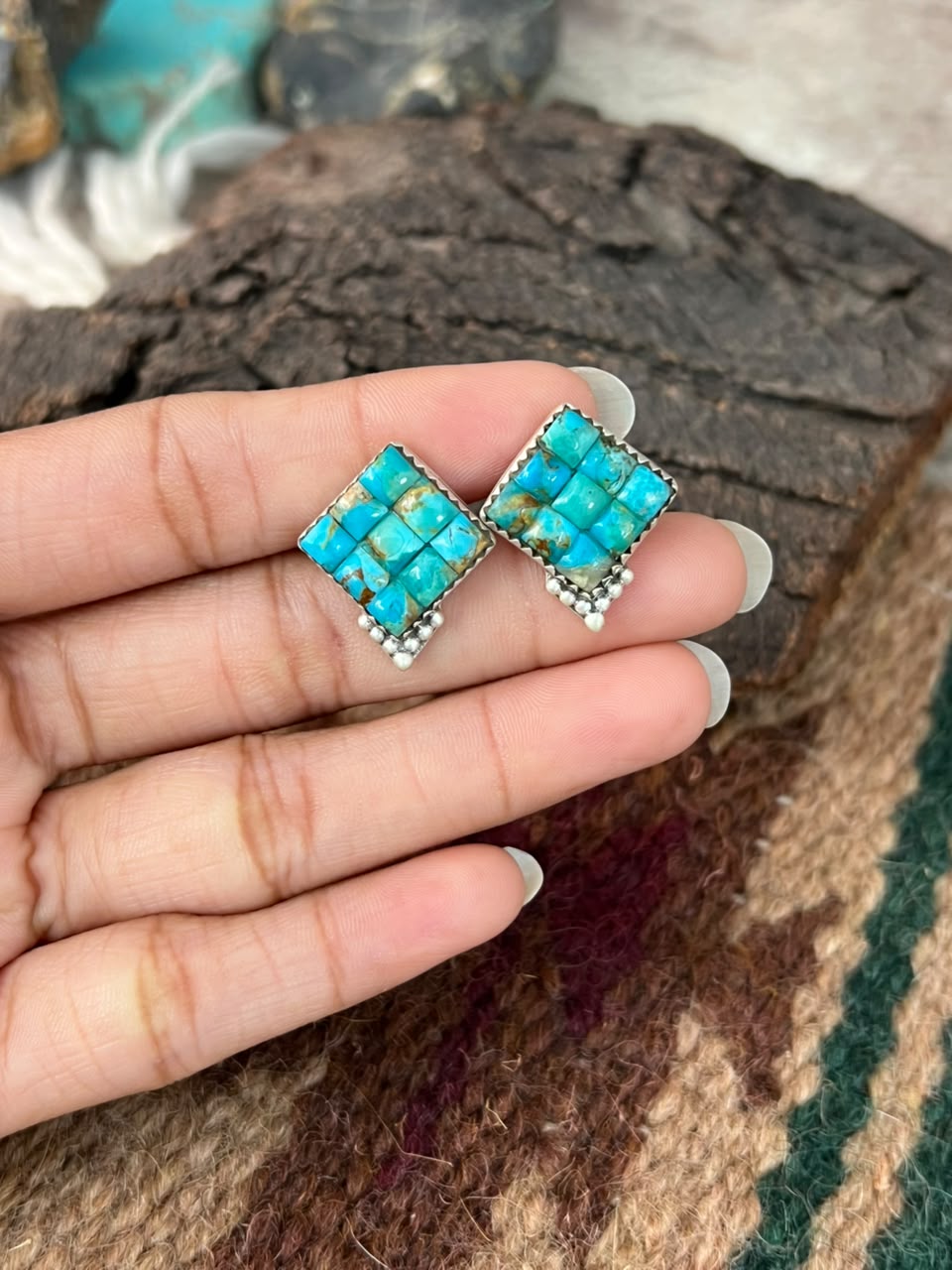 Handmade Sterling Silver Kingman Turquoise Cobble Stone Post Studs Earrings Signed Nizhoni