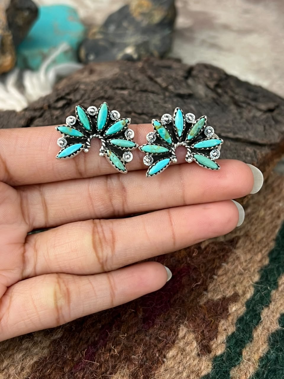 Handmade Sterling Silver Kingman Turquoise Naja Post Studs Earrings Signed Nizhoni