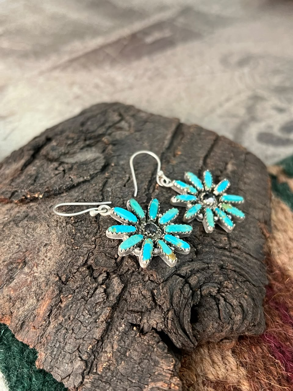 Handmade Sterling Silver  Kingman Turquoise with White Buffalo Hook Dangle Earrings Signed Nizhoni