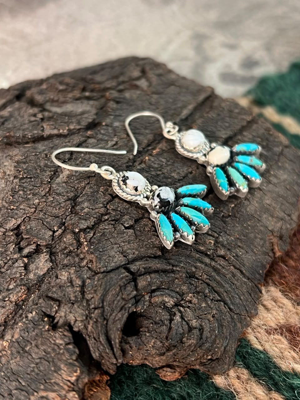 Handmade Sterling Silver Kingman Turquoise with White Buffalo Hook Dangle Earrings Signed Nizhoni