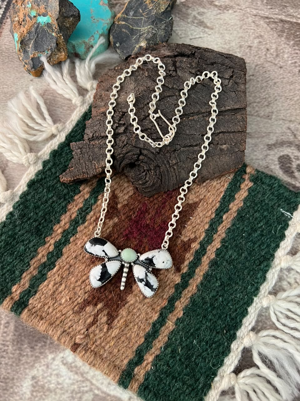 Handmade Sterling Silver White Buffalo with Paloma Turquoise Butterfly Necklace Signed Nizhoni