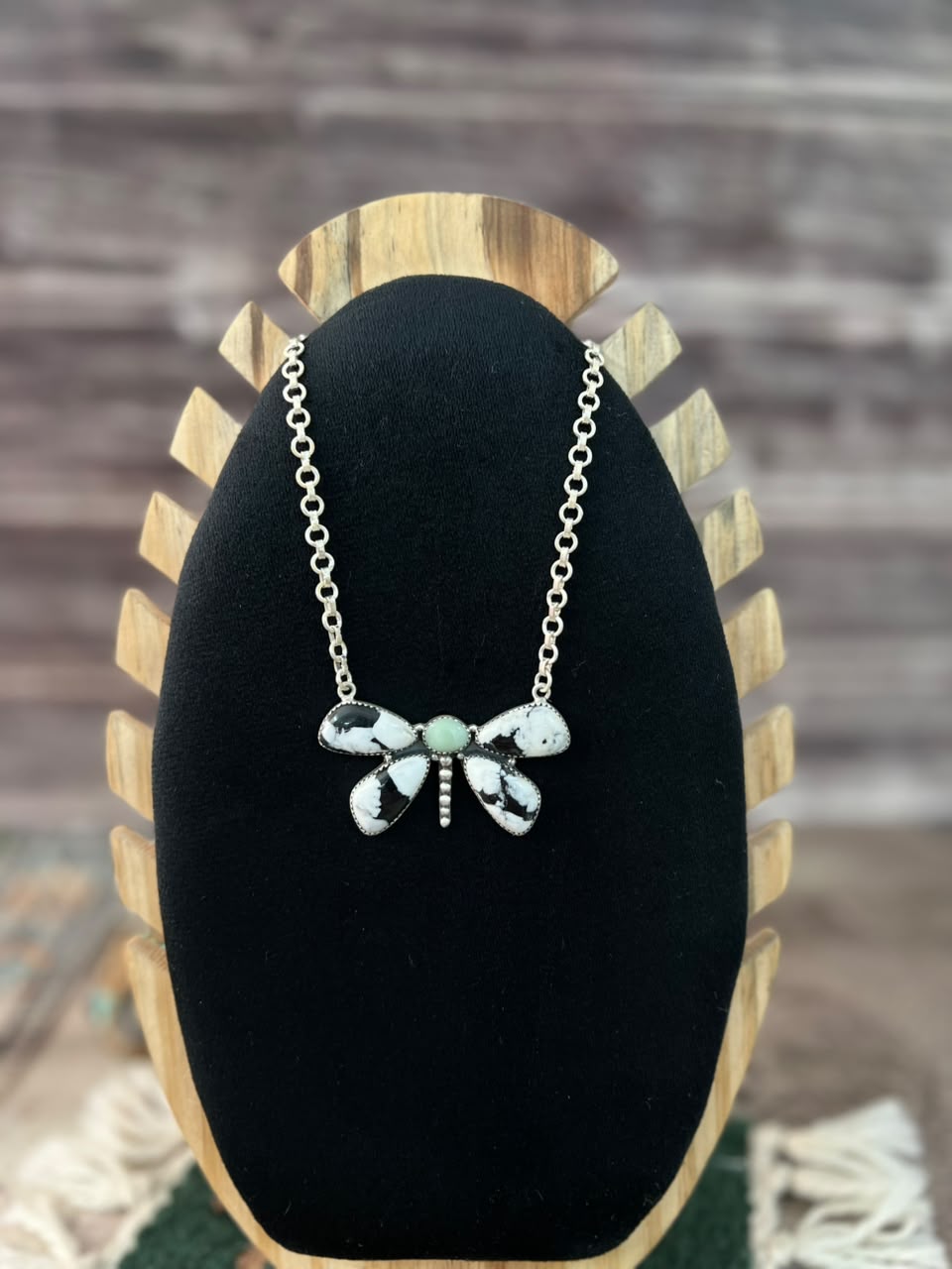 Handmade Sterling Silver White Buffalo with Paloma Turquoise Butterfly Necklace Signed Nizhoni