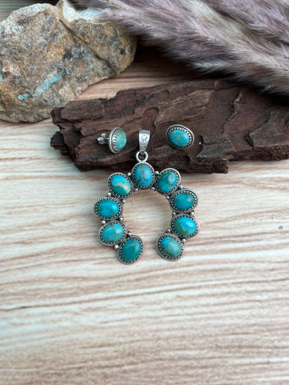 Handmade Sterling Silver Kingman Turquoise Naja Pendant and Earrings Set Signed Nizhoni