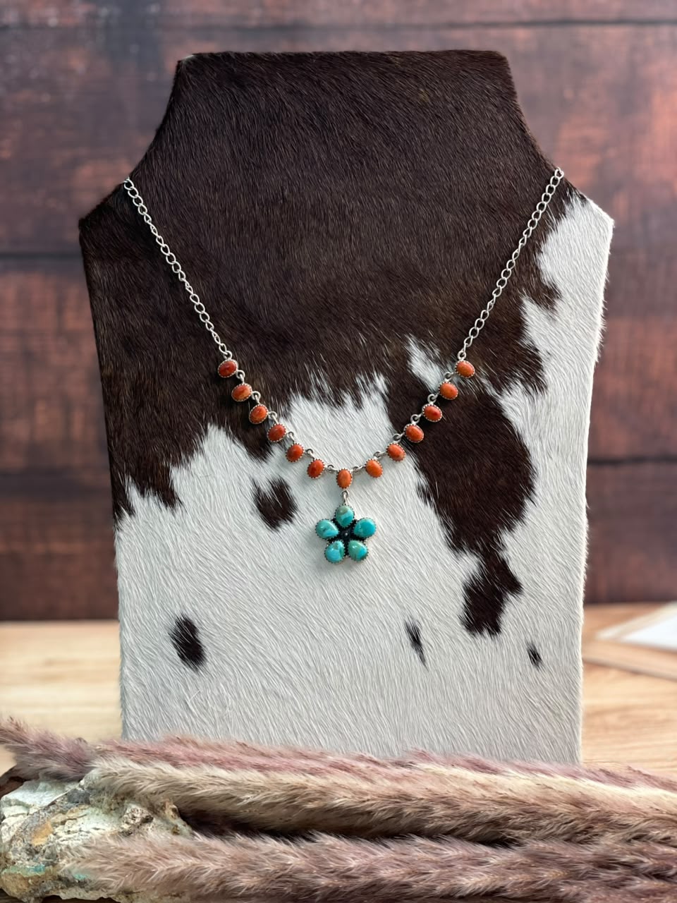 Handmade Sterling Silver Kingman Turquoise with Orange Mojave Necklace Signed Nizhoni