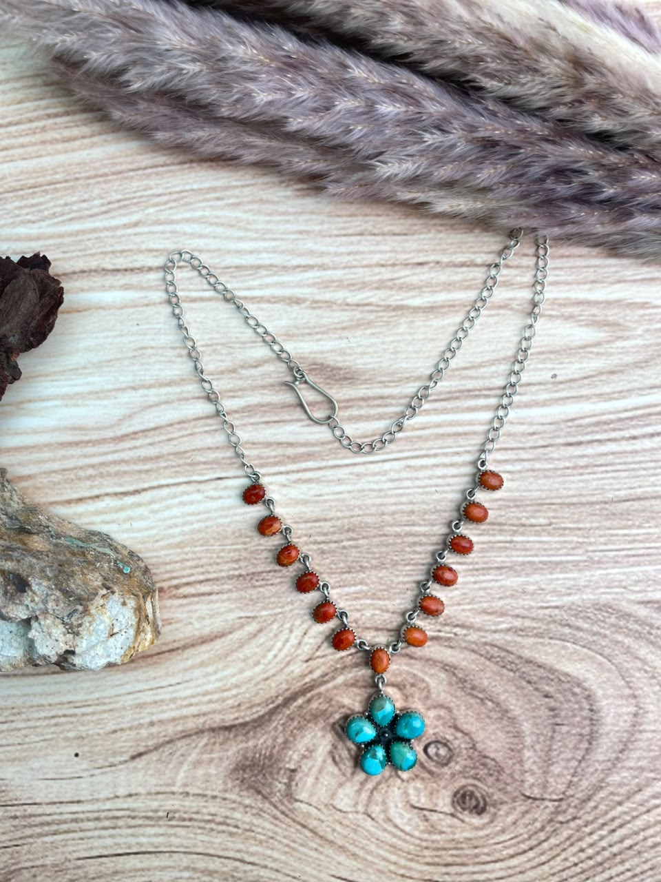 Handmade Sterling Silver Kingman Turquoise with Orange Mojave Necklace Signed Nizhoni