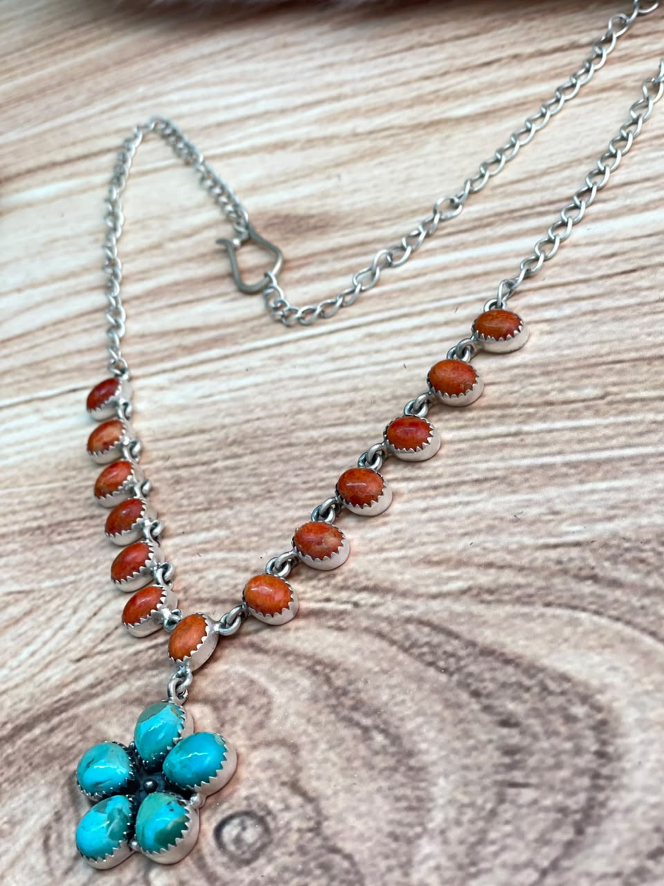 Handmade Sterling Silver Kingman Turquoise with Orange Mojave Necklace Signed Nizhoni