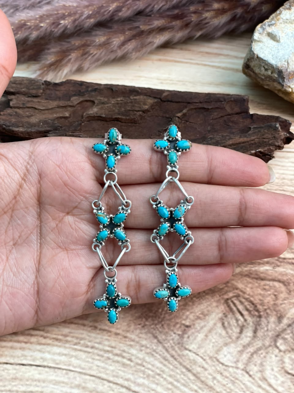 Handmade Sterling Silver Kingman Turquoise Post Dangle Earrings Signed Nizhoni
