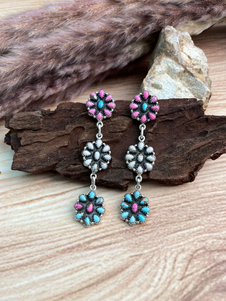 Handmade Sterling Silver Cotton Candy Post Dangle Earrings Signed Nizhoni