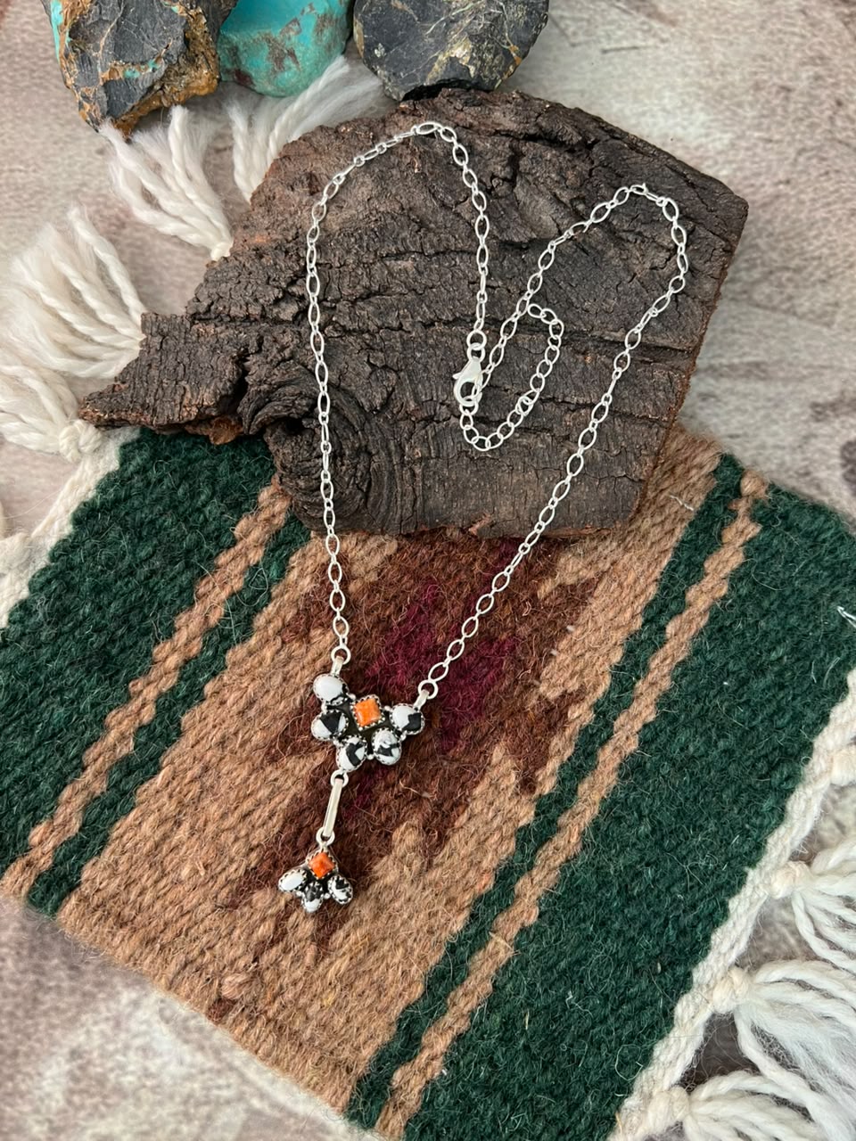 Handmade Sterling Silver Orange Mojave with White Buffalo Necklace Signed Nizhoni