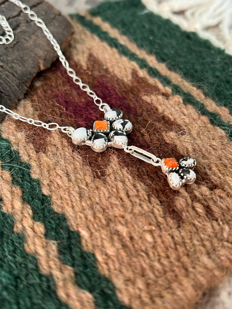 Handmade Sterling Silver Orange Mojave with White Buffalo Necklace Signed Nizhoni