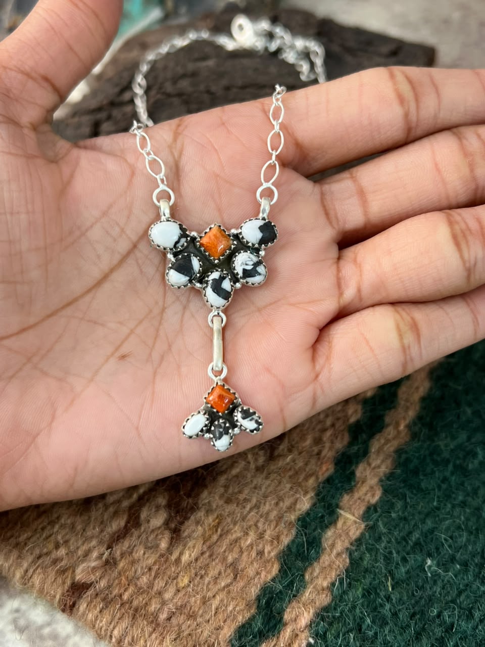 Handmade Sterling Silver Orange Mojave with White Buffalo Necklace Signed Nizhoni