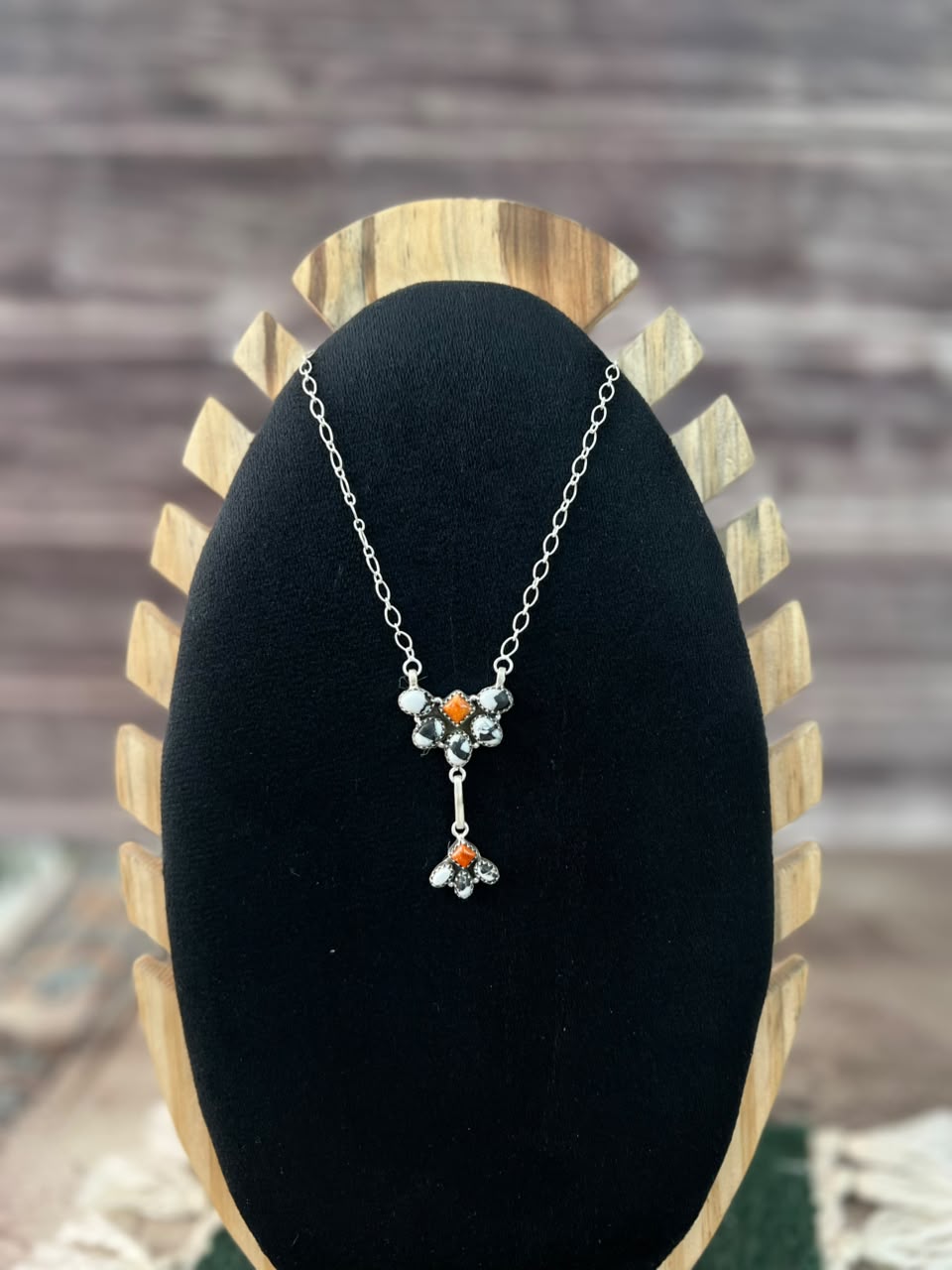 Handmade Sterling Silver Orange Mojave with White Buffalo Necklace Signed Nizhoni