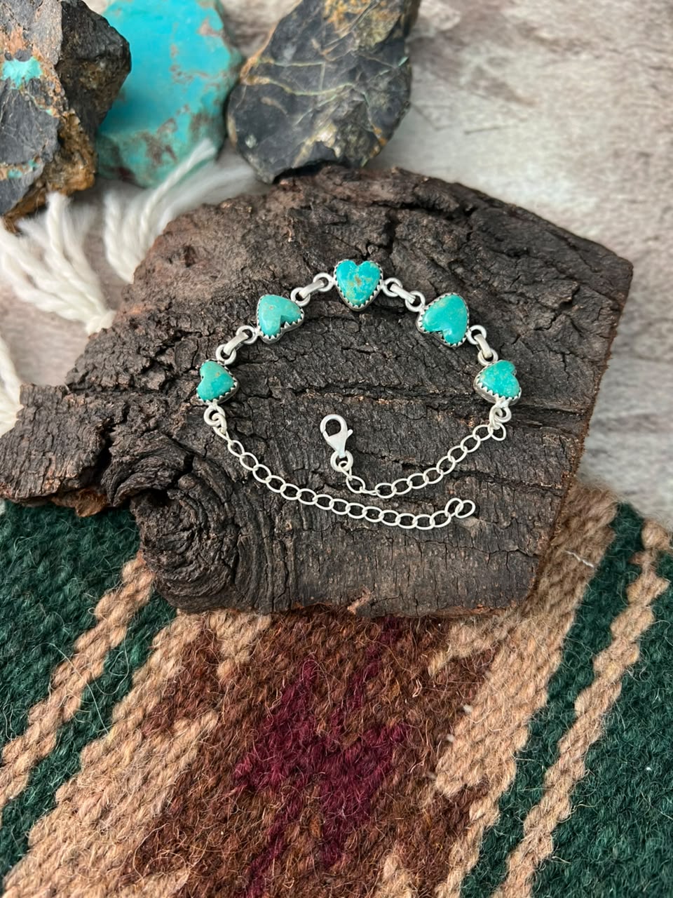 Handmade Sterling Silver Pilot Mountain Turquoise Chain Heart Bracelet Signed Nizhoni