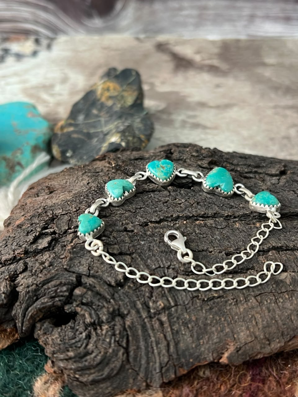 Handmade Sterling Silver Pilot Mountain Turquoise Chain Heart Bracelet Signed Nizhoni