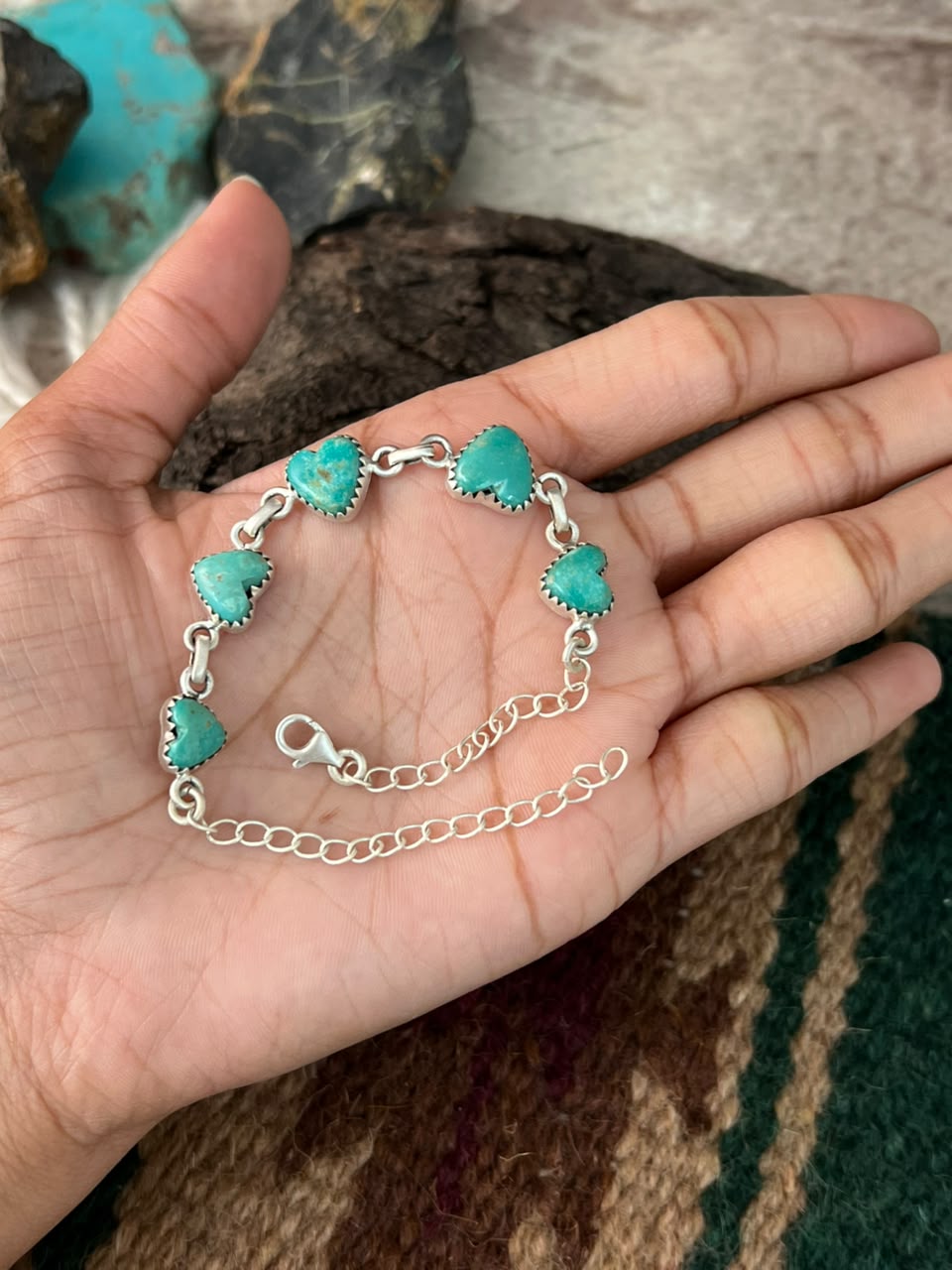 Handmade Sterling Silver Pilot Mountain Turquoise Chain Heart Bracelet Signed Nizhoni