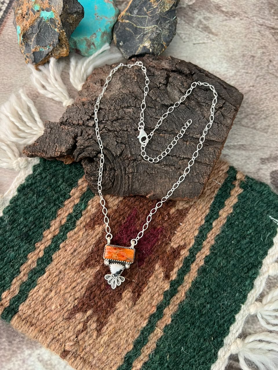 Handmade Sterling Silver Orange Mojave with White Buffalo Necklace Signed Nizhoni