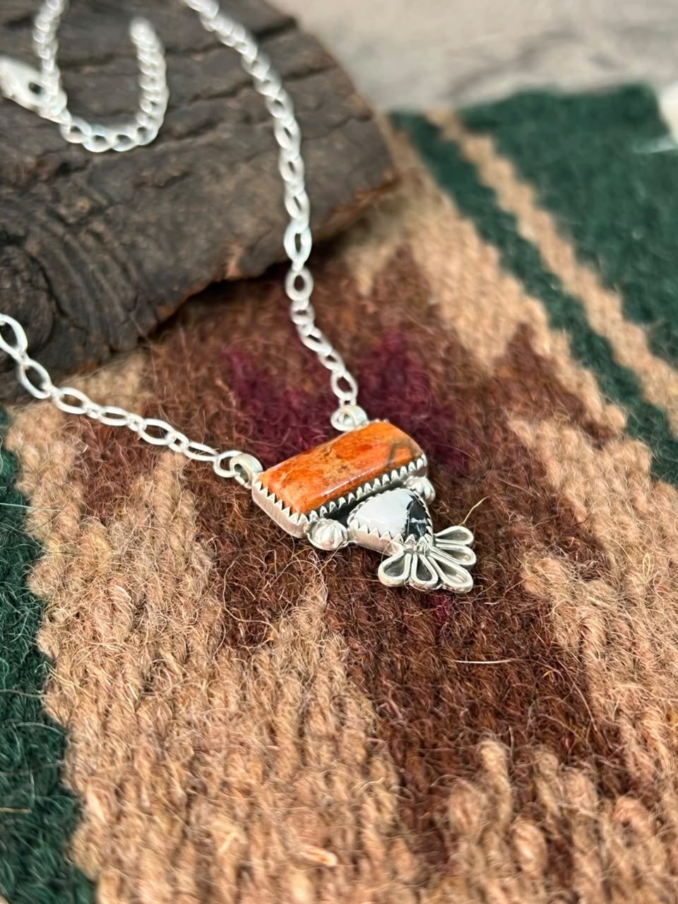 Handmade Sterling Silver Orange Mojave with White Buffalo Necklace Signed Nizhoni