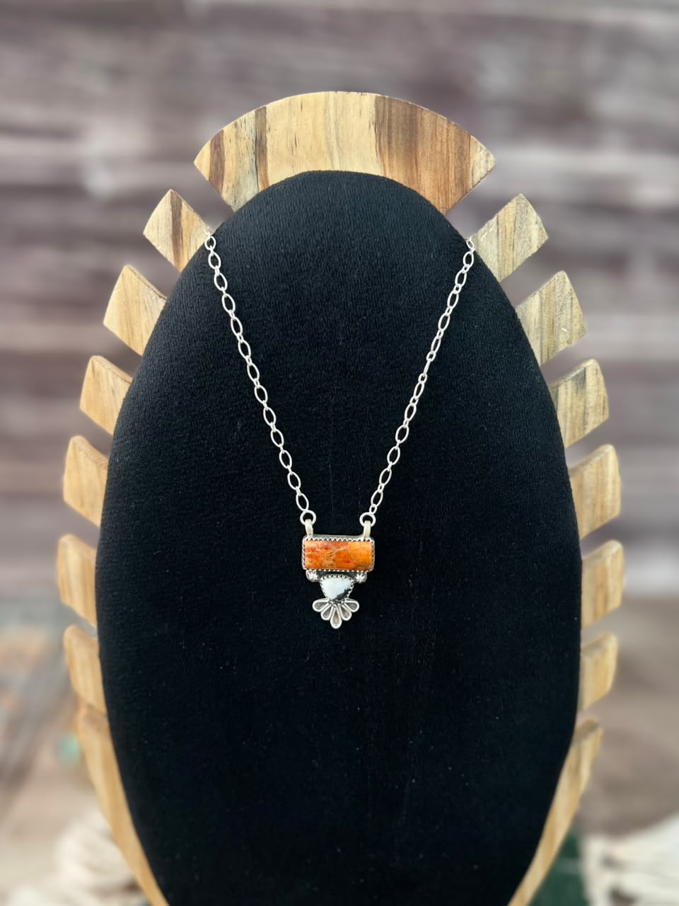 Handmade Sterling Silver Orange Mojave with White Buffalo Necklace Signed Nizhoni