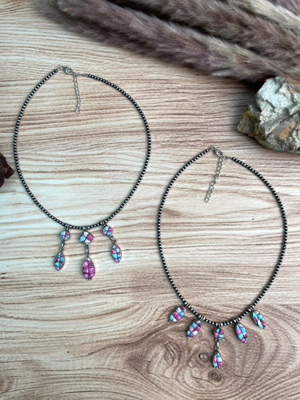 Handmade Sterling Silver Cotton Candy Cobble Stone Beaded Necklace Signed Nizhoni