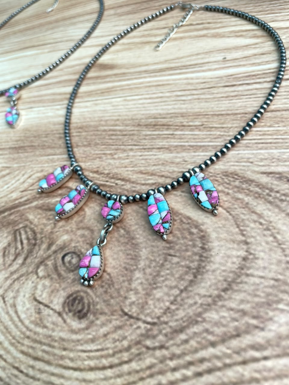 Handmade Sterling Silver Cotton Candy Cobble Stone Beaded Necklace Signed Nizhoni