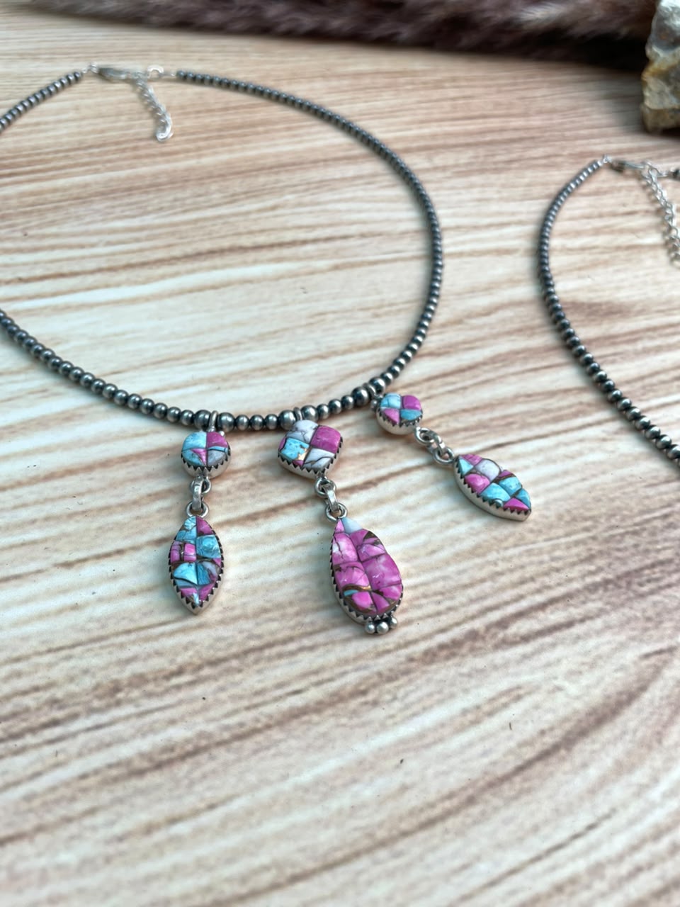 Handmade Sterling Silver Cotton Candy Cobble Stone Beaded Necklace Signed Nizhoni
