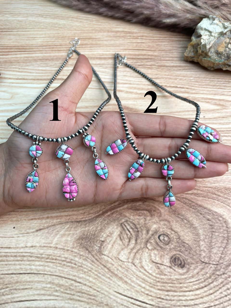 Handmade Sterling Silver Cotton Candy Cobble Stone Beaded Necklace Signed Nizhoni