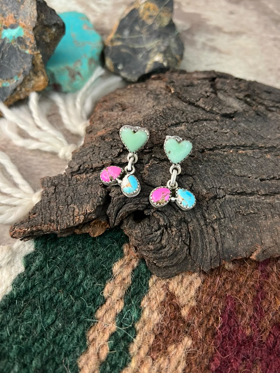 Handmade Sterling Silver Paloma Turquoise with Cotton Candy Post Dangle Earrings Signed Nizhoni