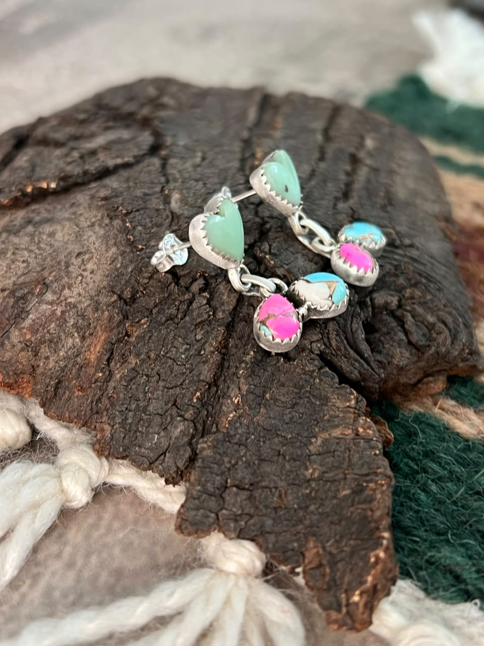 Handmade Sterling Silver Paloma Turquoise with Cotton Candy Post Dangle Earrings Signed Nizhoni