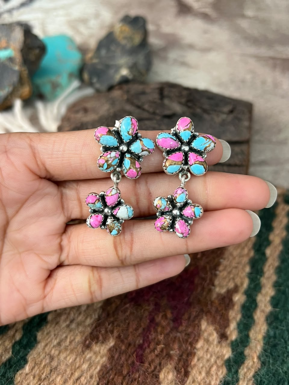 Handmade Sterling Silver Cotton Candy Post Dangle Earrings Signed Nizhoni