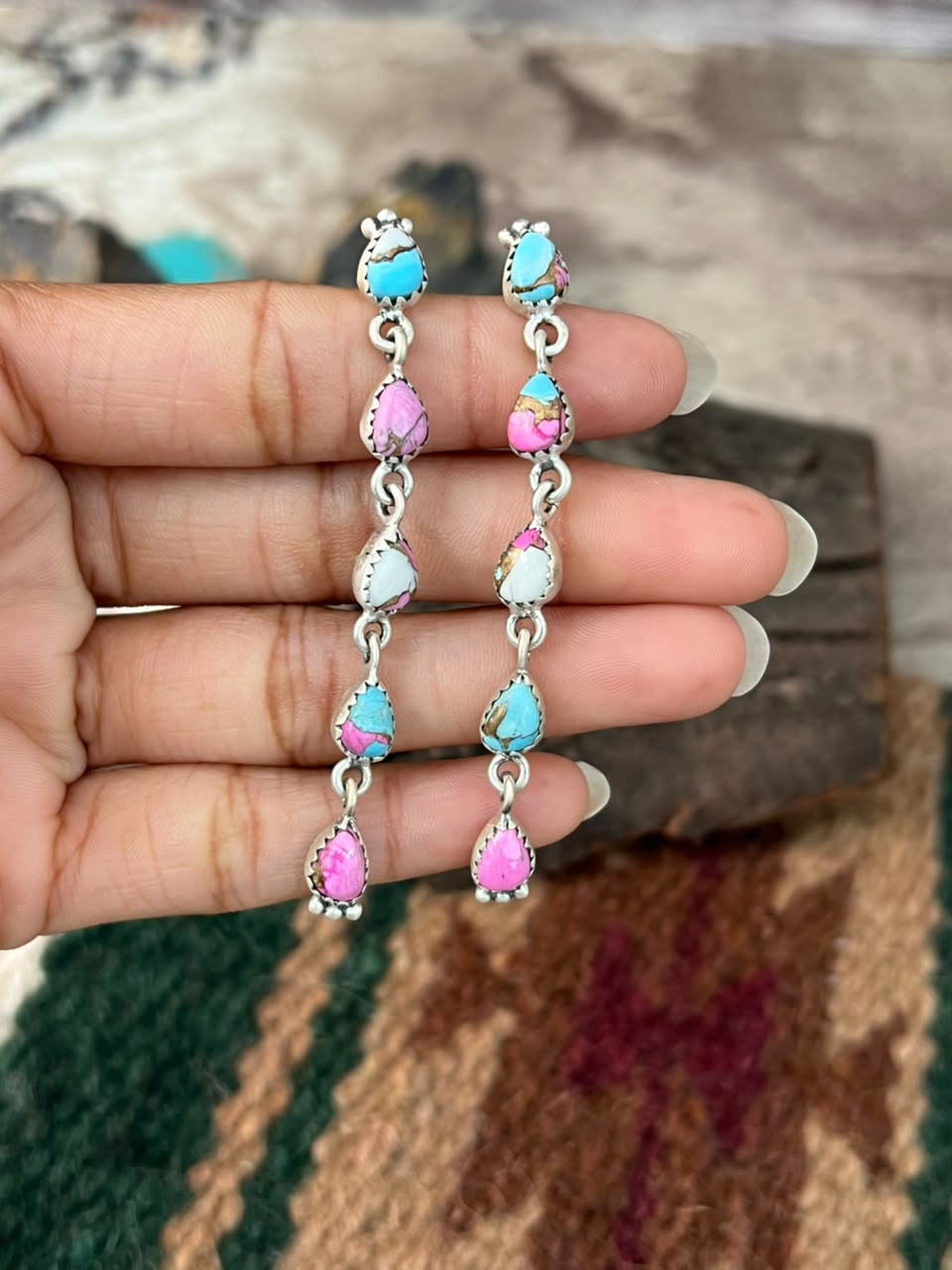 Handmade Sterling Silver Cotton Candy Post Dangle Earrings Signed Nizhoni