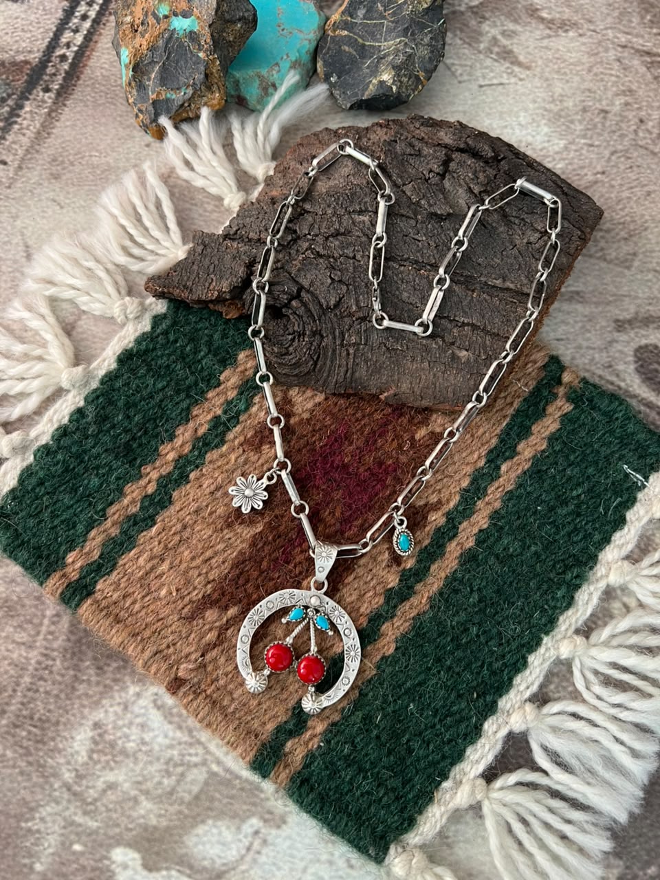 Handmade Sterling Silver Rosarita with Kingman Turquoise Cherry Naja Necklace Signed Nizhoni