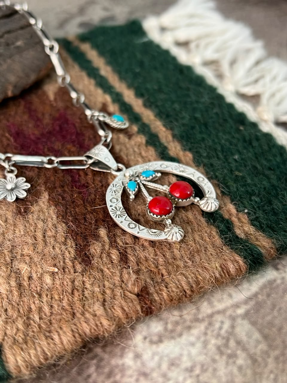 Handmade Sterling Silver Rosarita with Kingman Turquoise Cherry Naja Necklace Signed Nizhoni