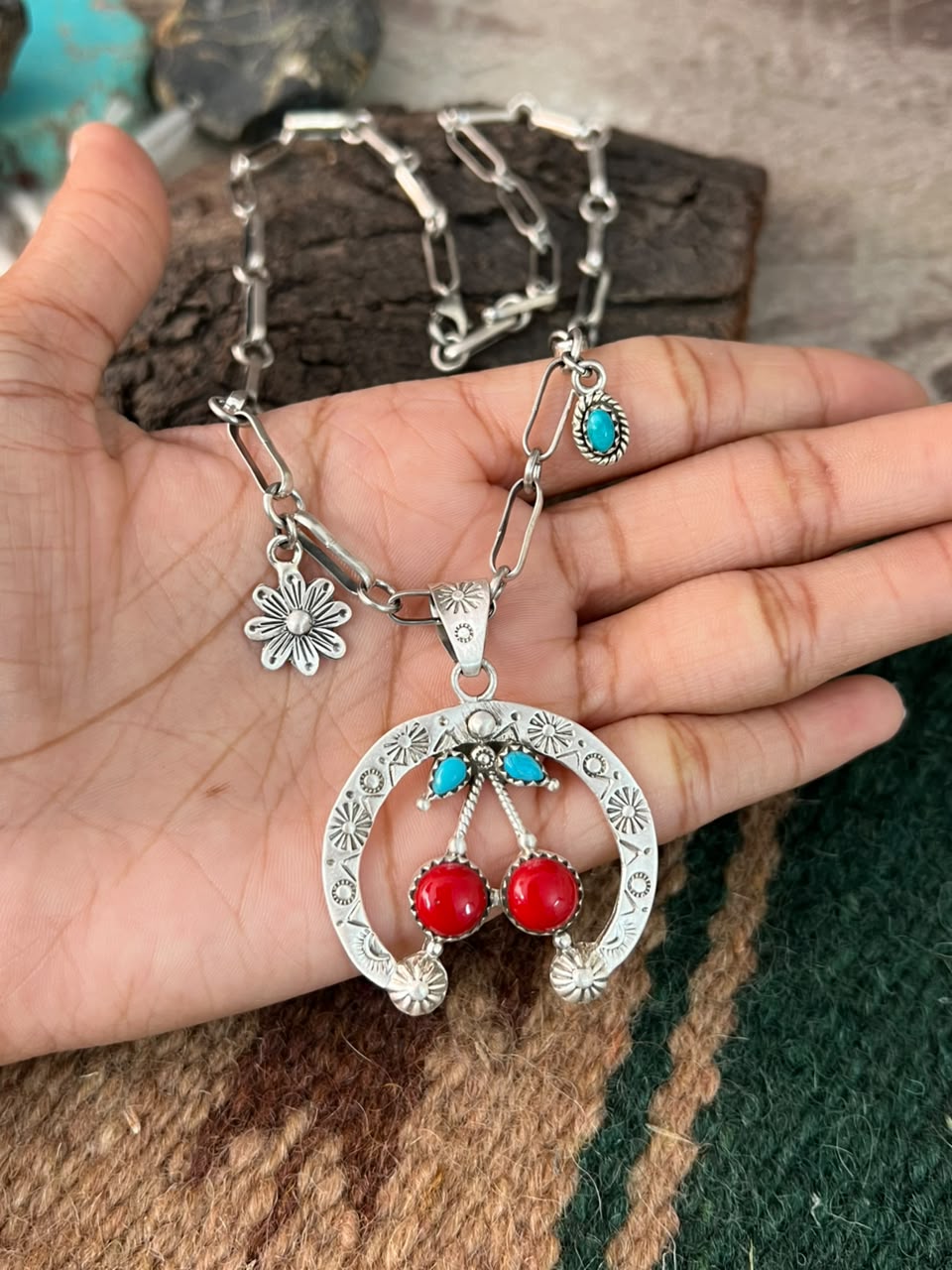 Handmade Sterling Silver Rosarita with Kingman Turquoise Cherry Naja Necklace Signed Nizhoni