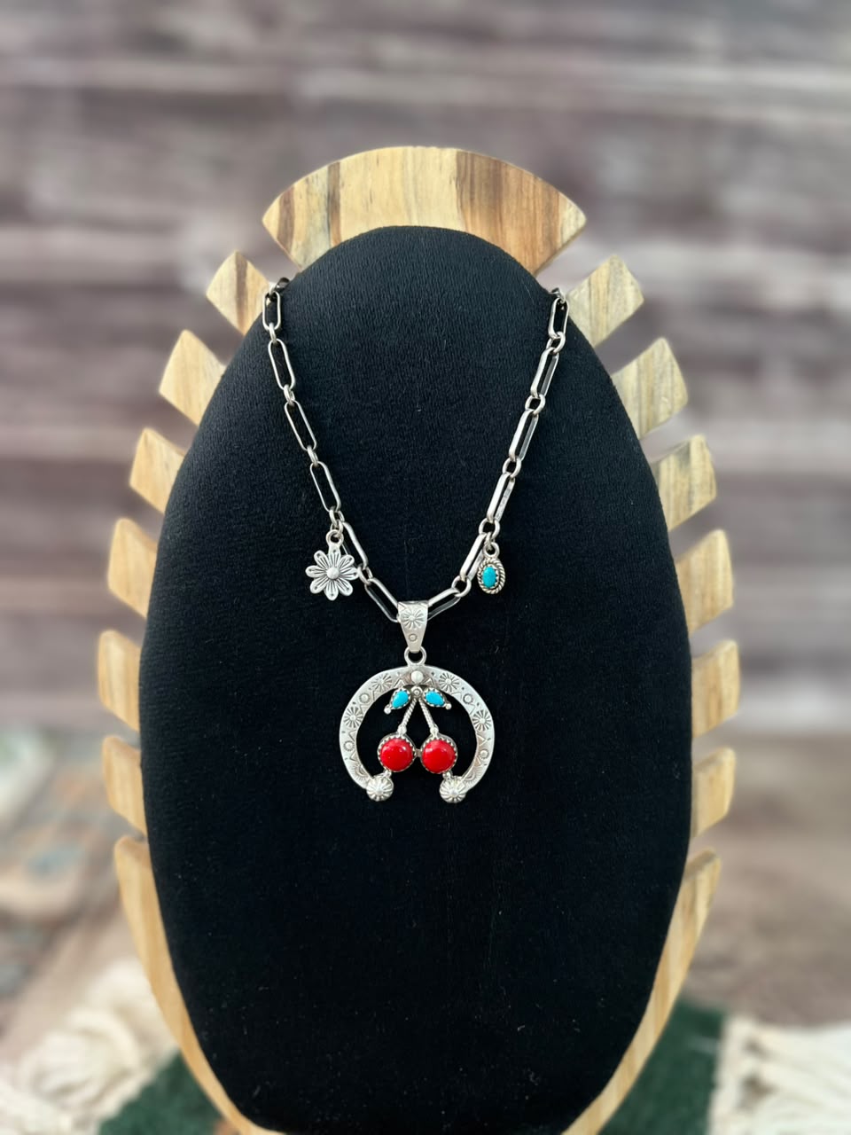 Handmade Sterling Silver Rosarita with Kingman Turquoise Cherry Naja Necklace Signed Nizhoni